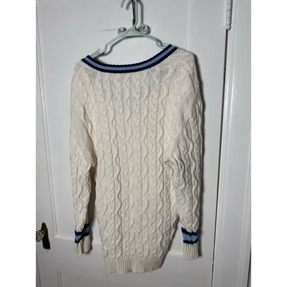 American Eagle White Cable Knit Tennis Preppy Striped Oversized Sweater Large - Picture 8 of 8